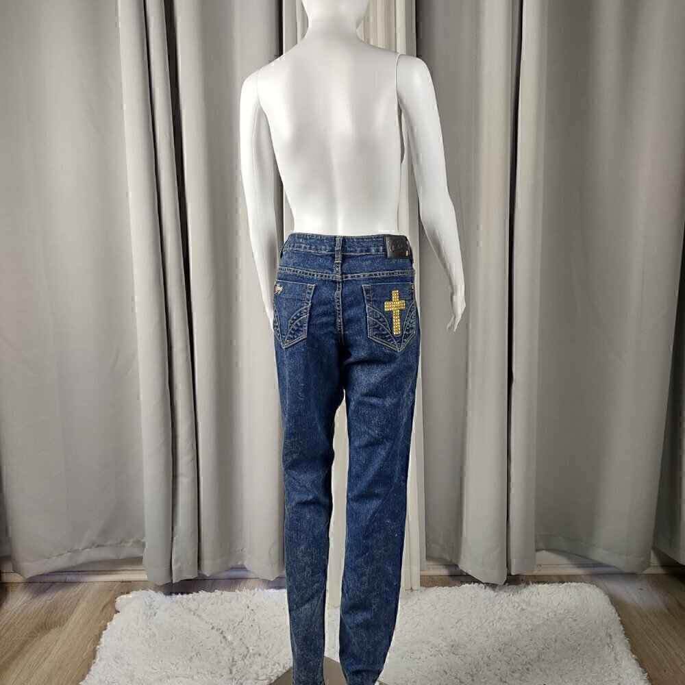 Coogi Cotton Blend Blue Gold Cross Pattern On Pocket Denim Jeans Sz 11-12 (NWT) - Picture 4 of 13